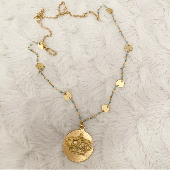 Long Vermeil & Turquoise Chain w/Crown Pendant - Picture 3 of 7